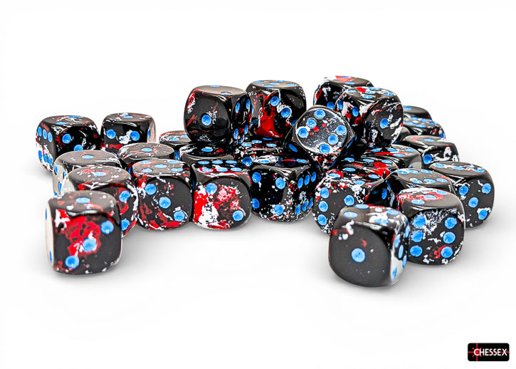 Chessex d6 Dice Block - Dark Side/blue 12mm (36 dice) - Set of black 12mm six-sided dice with red and blue speckles, translucent acrylic material, 36 pieces.