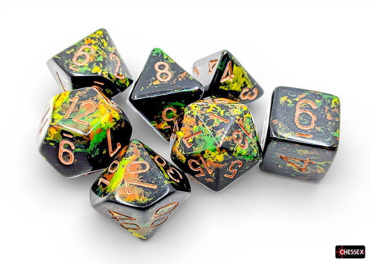 Chessex Polyhedral 7-Die Set - Forest/gold - Seven acrylic polyhedral dice set in forest green with gold numbering and mottled yellow-orange accents.