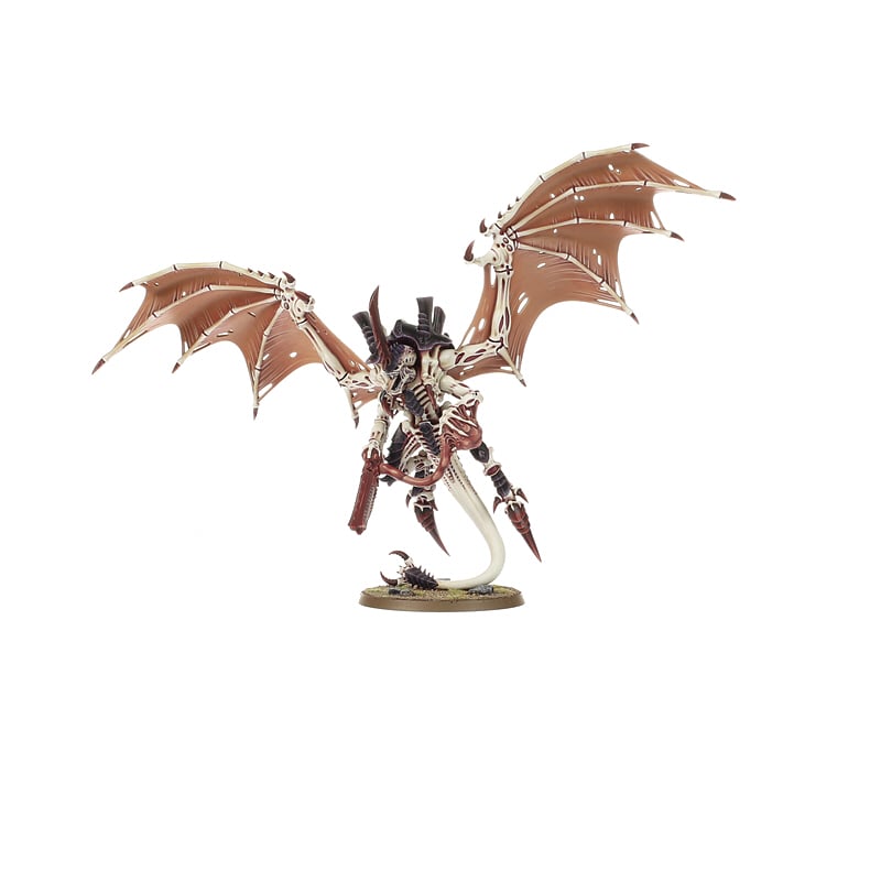 Warhammer 40,000 - Tyranids - Winged Hive Tyrant - Brown and bone-colored insectoid figure with large membranous wings, sharp claws, and armored exoskeleton on a round base.