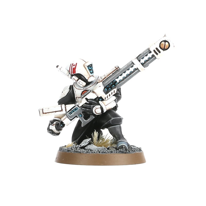 Warhammer 40,000 - T'au Empire - Pathfinder Team - T’au Empire Pathfinder miniature in white armor with black and red details, holding a long sniper rifle, standing on a.