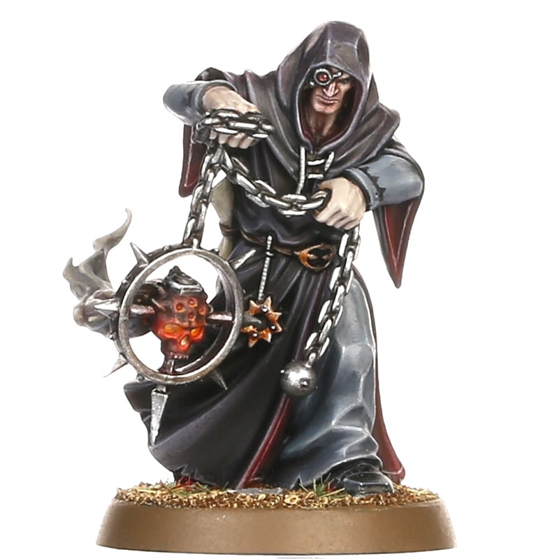 Warhammer 40,000 - Chaos Space Marines - Dark Apostle - Dark Apostle figurine in black hooded robe with red lining, holding spiked chaos symbol with skull and chains.
