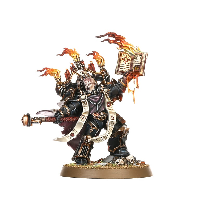 Warhammer 40,000 - Chaos Space Marines - Dark Apostle - Chaos Space Marine Dark Apostle miniature in black armor with gold trim, holding a flaming book and staff, detailed with.