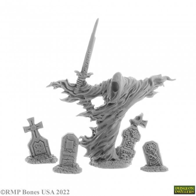 Grave Wraith and Tombstones - Gray miniature Grave Wraith figure with flowing tattered cloak and raised sword, surrounded by three detailed tombstones.
