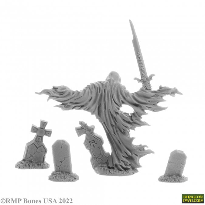 Grave Wraith and Tombstones - Unpainted miniature of a ghostly wraith with tattered robes and four weathered tombstones with crosses and cracks.