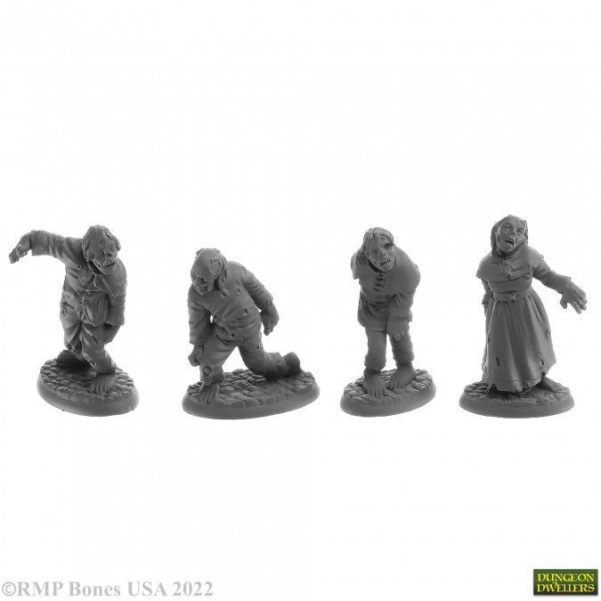 Zombies (4) - Set of four detailed gray resin zombie figurines in various poses on oval bases.