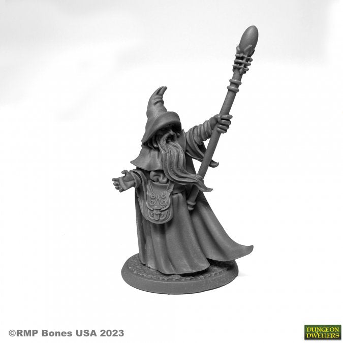 Arakus Landarzad, Wizard - Gray unpainted wizard miniature with long beard, pointed hat, and ornate staff raised in right hand.
