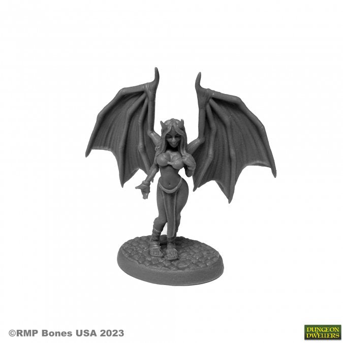 Tirika, Succubus - Gray unpainted resin miniature of a succubus with large bat wings, long hair, and detailed armor, standing on textured round