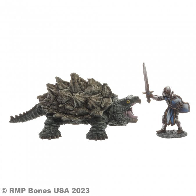 Giant Snapping Turtle - Large detailed snapping turtle miniature with rough textured shell, dark green color, open mouth, next to armored knight.