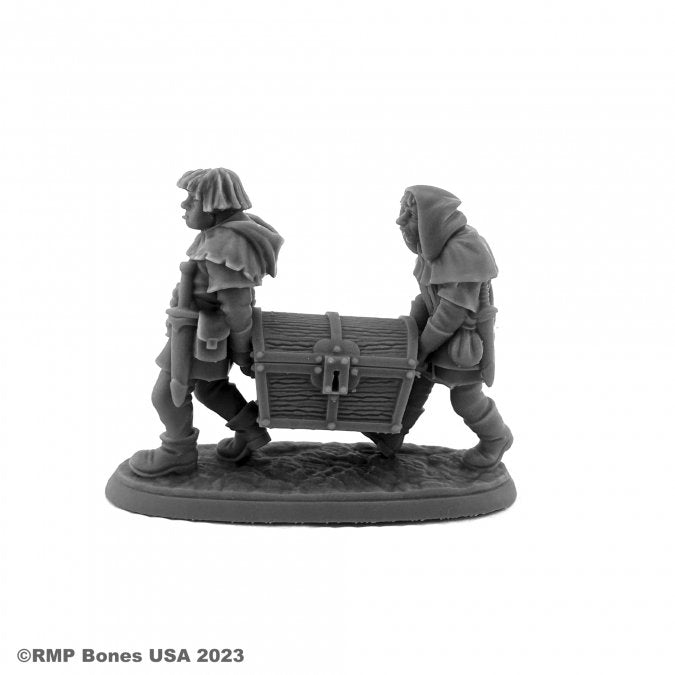 Henchmen: Henchmen and Chest - Two gray plastic miniature figures carrying a large locked treasure chest on a base, one figure wearing a cloak and the.