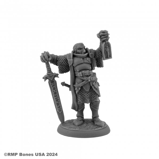 Marcus Gideon, Undead Hunter - Gray plastic fantasy miniature of undead hunter wearing chainmail and armor, holding a large sword in one hand and a chained