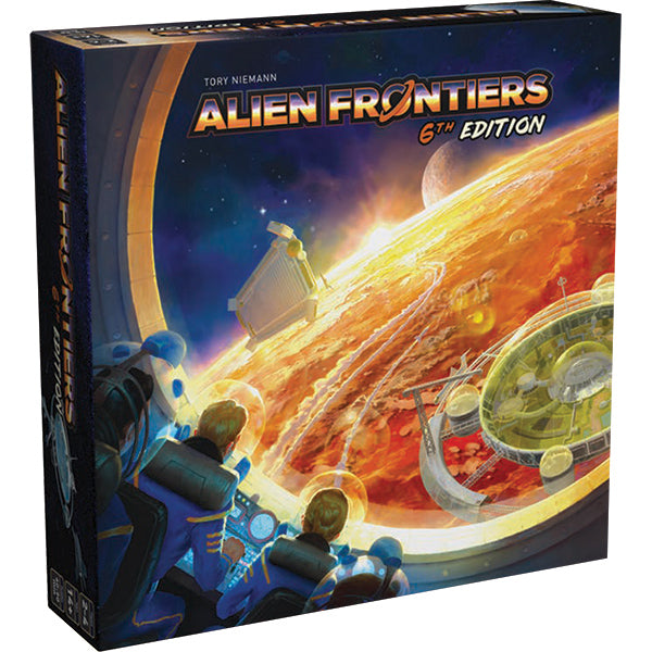Alien Frontiers, 6th Edition (PREORDER) - Alien Frontiers 6th Edition board game box with astronauts and space station orbiting a fiery orange planet.