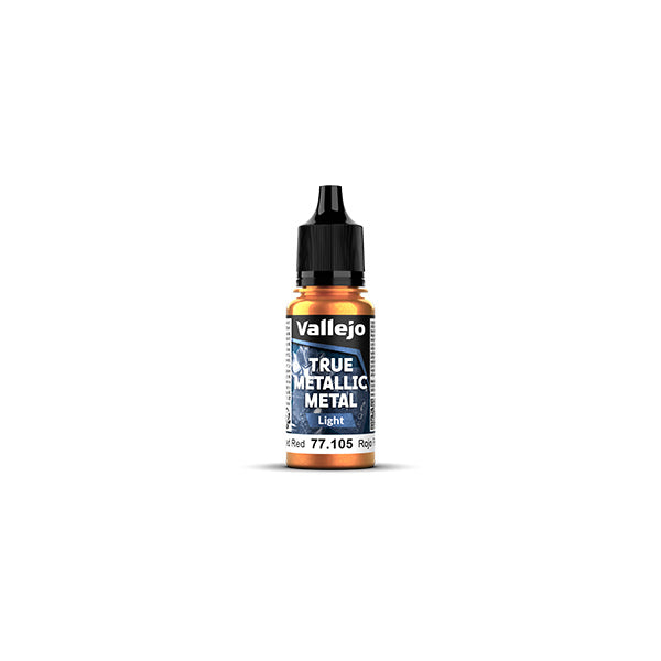 Vallejo True Metallic Metal Light: Forged Red (18ml) - 18ml Vallejo True Metallic Metal Light paint bottle in shiny forged red with black cap and detailed label.