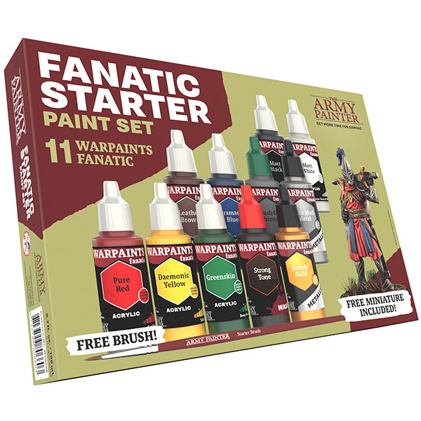 Warpaint: Fanatic Starter Paint Set - Set of 11 acrylic Warpaint fanatic paint bottles in varied colors displayed with packaging and free brush included.