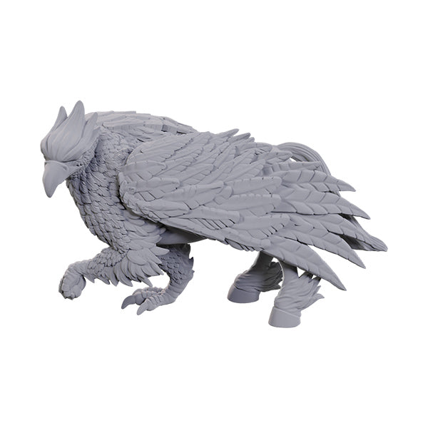 D&D Nolzur's Marvelous Miniatures: Hippogriff - Unpainted grey plastic miniature of a hippogriff with detailed feathers, bird head, and horse hind legs in a crouching pose.