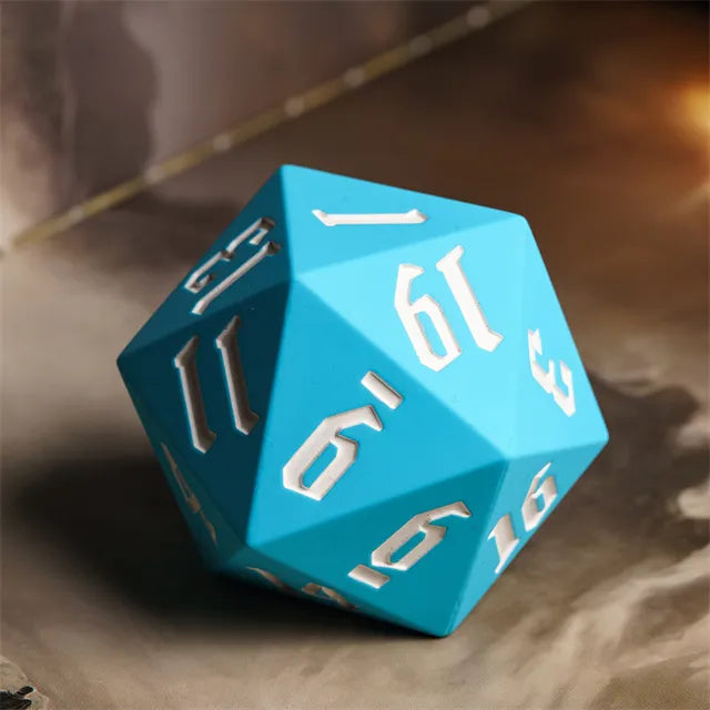 Giant Bouncy D20 - Blue - Large blue 20-sided dice with white numbers on each face, made of smooth material.