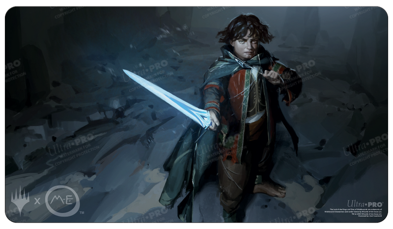 Ultra Pro Playmat - Lord of the Rings Tales of Middle Earth - Frodo - Dark-themed playmat featuring Frodo from Lord of the Rings holding a glowing sword with a determined expression.