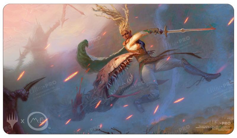 Ultra Pro Playmat - Lord of the Rings Tales of Middle Earth - Eowyn - Fantasy-themed gaming playmat featuring Eowyn from Lord of the Rings with dynamic battle scene and muted pastel colors.