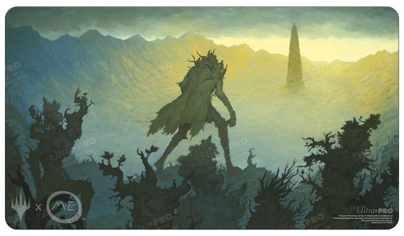 Ultra Pro Playmat - Lord of the Rings Tales of Middle Earth - Treebeard - Fantasy playmat featuring Treebeard walking among forest creatures with a distant tower at sunrise.