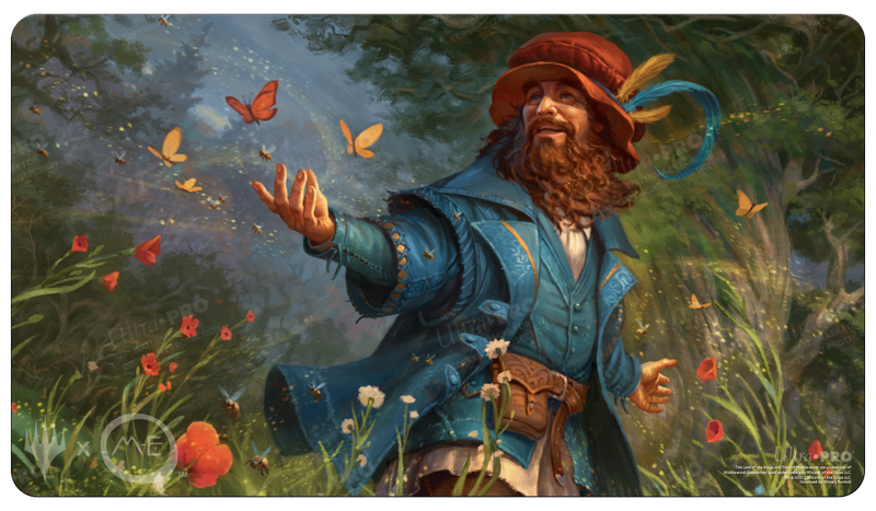 Ultra Pro Playmat - Lord of the Rings Tales of Middle Earth - Tom Bombadil - Playmat featuring Tom Bombadil in blue coat with hat, reaching out to orange butterflies in vibrant forest setting.