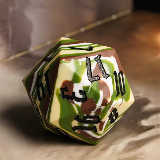 Giant Bouncy D20 - Camo Stripes - Giant bouncy 20-sided dice with green, brown, and beige camo stripes and black numbers.