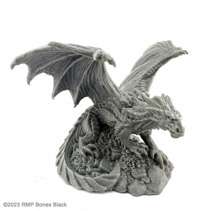 Treasure Dragon - Gray resin dragon figurine with wings spread, perched on a rocky base with treasure details.
