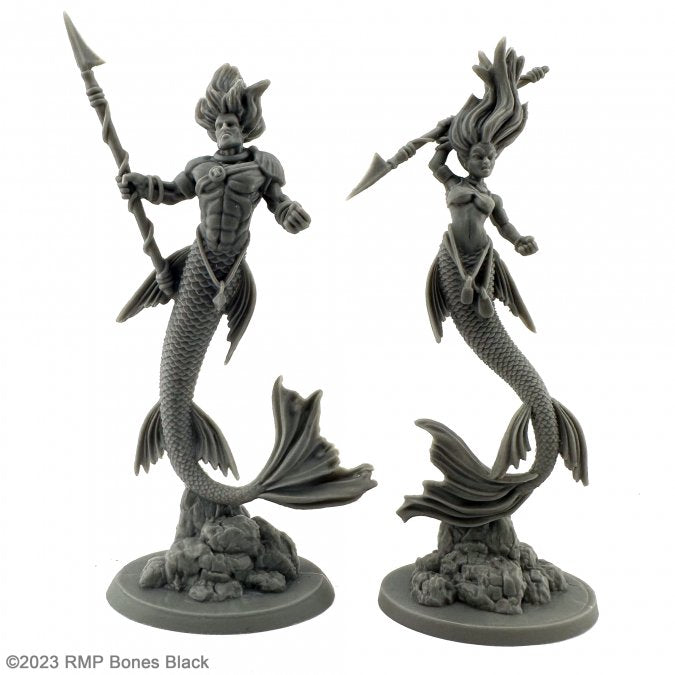 Merfolk Rangers (2) - Two detailed black resin merfolk ranger miniatures, each holding a spear with fish-like tails and scaled armor.