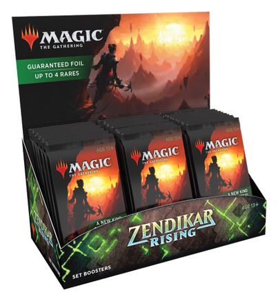 Magic: The Gathering: Zendikar Rising Set Booster Box - The Gathering Zendikar Rising Set Booster Box with fiery orange and black artwork and foil foil guarantee banner.
