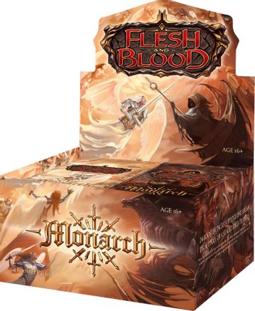 Flesh and Blood - Monarch Booster Box 1st Edition - Flesh and Blood Monarch Booster Box with fiery fantasy artwork and armored characters on a brown and orange background.
