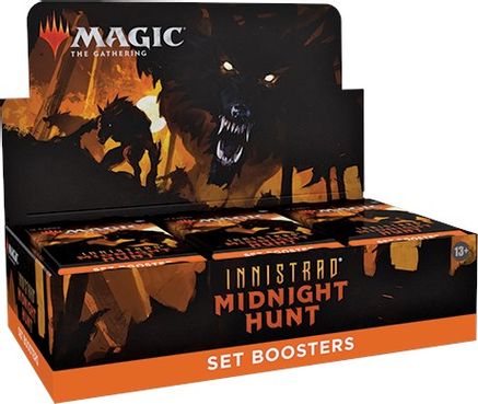 Magic: The Gathering: Midnight Hunt Set Booster Box - The Gathering Midnight Hunt set booster box with dark werewolf and moonlit forest design, orange and black colors.
