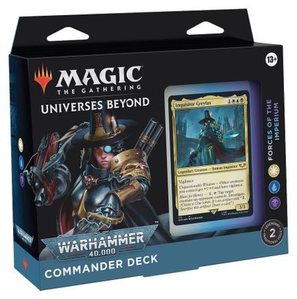 Magic: the Gathering - Warhammer 40k Commander - Forces of the Imperium - The Gathering Warhammer 40k Commander Deck Forces of the Imperium box with featured card visible and dark futuristic artwork .