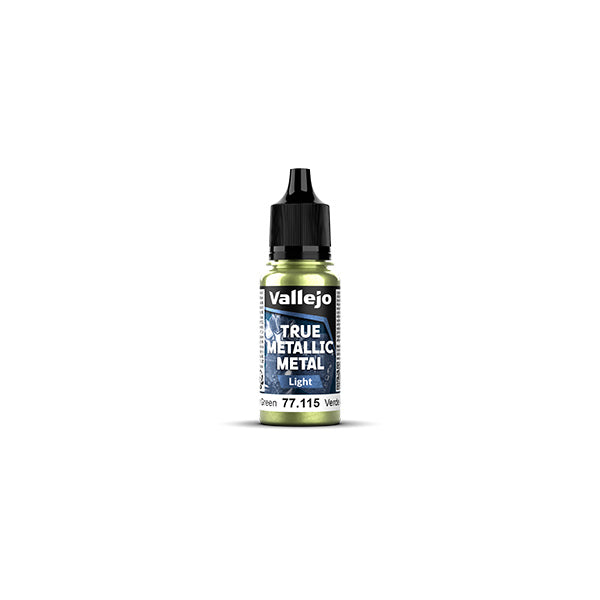Vallejo True Metallic Metal Light: Amber Green (18ml) - Small clear plastic bottle with black cap containing amber green metallic paint, labeled Vallejo True Metallic Metal Light.