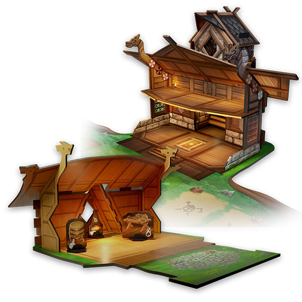 Valheim: Wooden House- Upgrade Dice Tower - Wooden miniature house with Viking-style design and multiple levels, featuring an open front and a ramp for dice rolling.