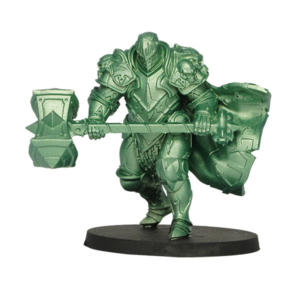 Vallejo True Metallic Metal Light: Dusken Green (18ml) - Metallic green-painted miniature armored warrior holding a large hammer, standing on a black round base.
