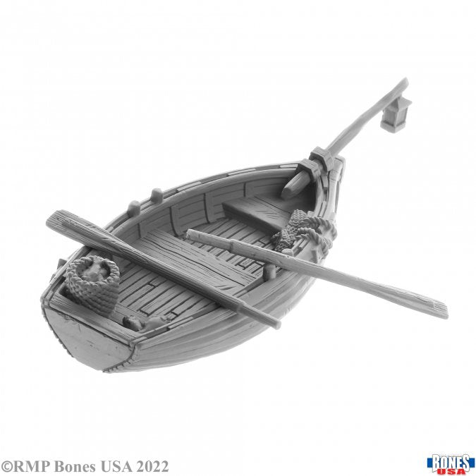 Dreadmere Fishing Boat - Gray miniature wooden fishing boat with two oars, rope details, and a lantern on the stern.