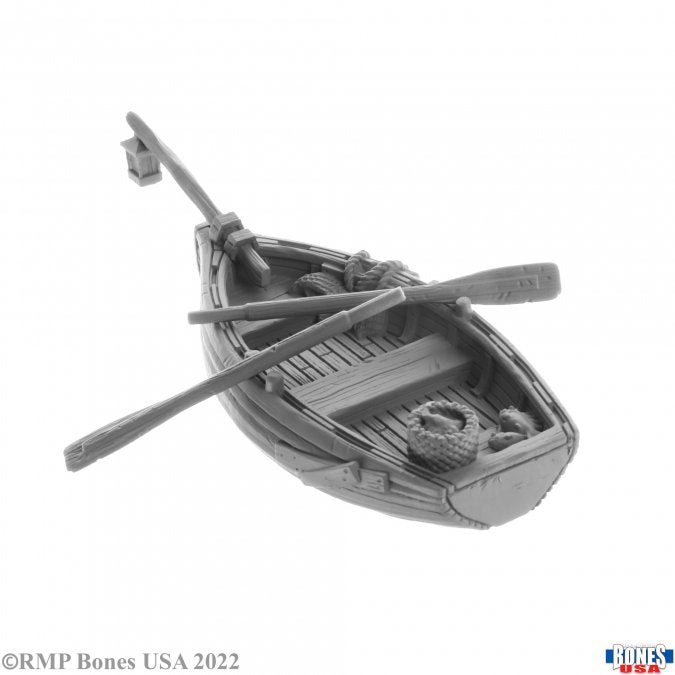 Dreadmere Fishing Boat - Gray detailed miniature fishing boat model with oars, rope coil, and slatted seating.