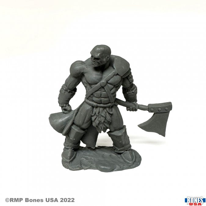 Goldar, Barbarian - Gray unpainted barbarian miniature holding large axe wearing fur loincloth and leather straps.