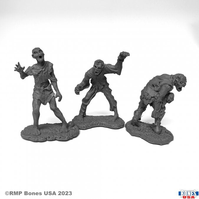 Zombies II (3) - Three gray unpainted fantasy zombie miniatures standing on textured bases in varied poses.