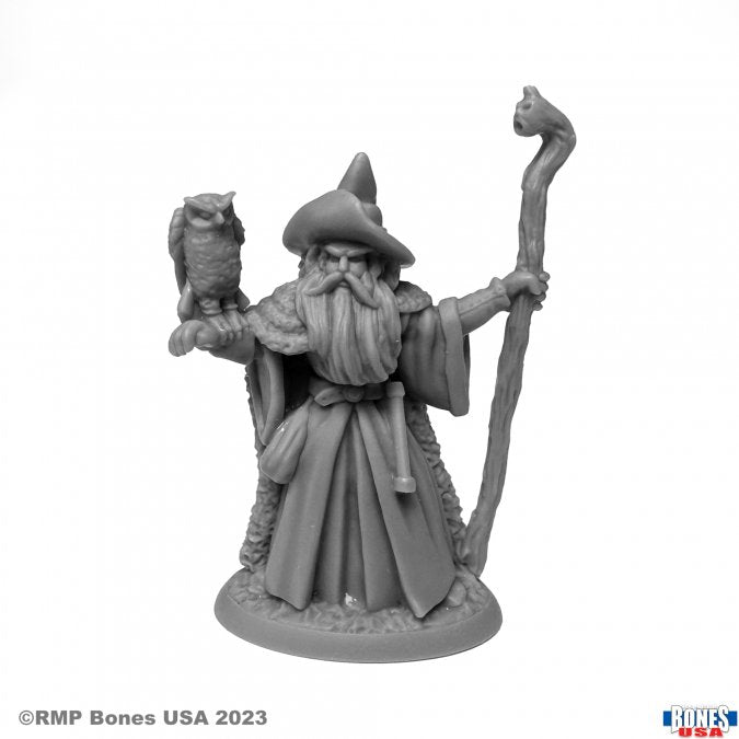 Amathor the Arch-Mage - Gray resin miniature of a wizard in a long robe with a wide-brimmed hat, holding a staff in one hand and an owl perched on.