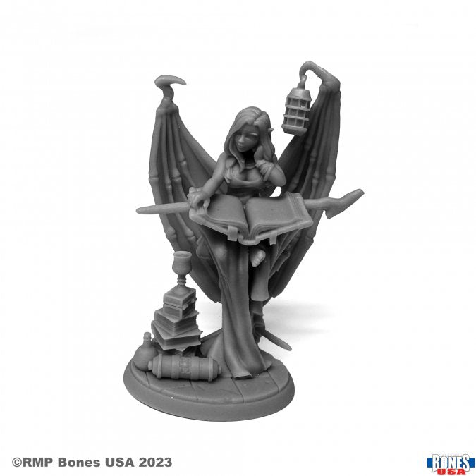 Librarian Sophie - Gray resin miniature of a winged female figure holding a book and lantern, standing on stacked books.