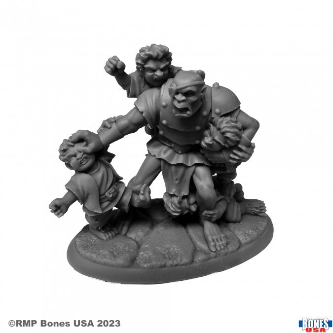 Townsfolk: The Brawl - Gray plastic miniature featuring a large armored ogre with clenched fists and two smaller angry townsfolk on a textured oval