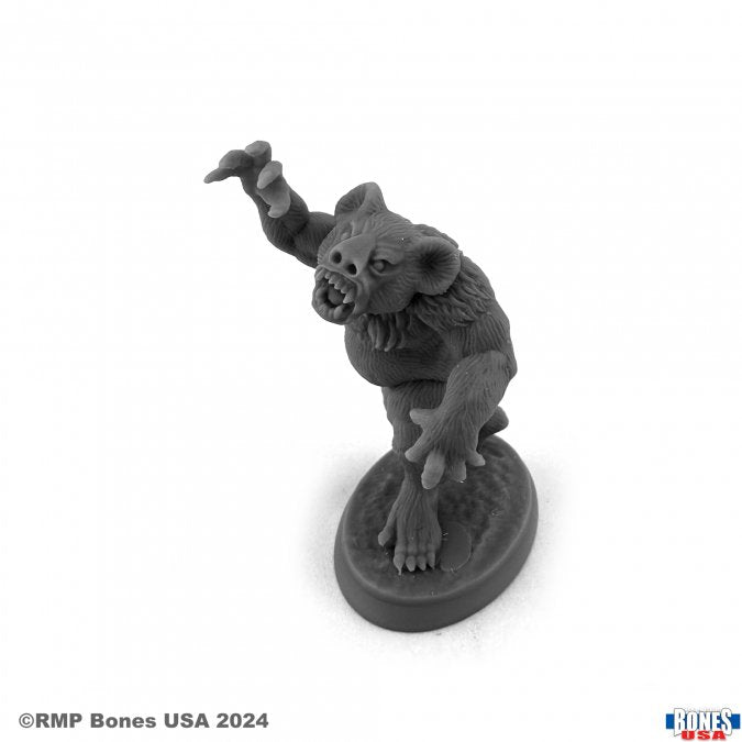 Dropbear - Gray miniature fantasy creature with bear-like features, clawed hands, and an aggressive pose on a round base.