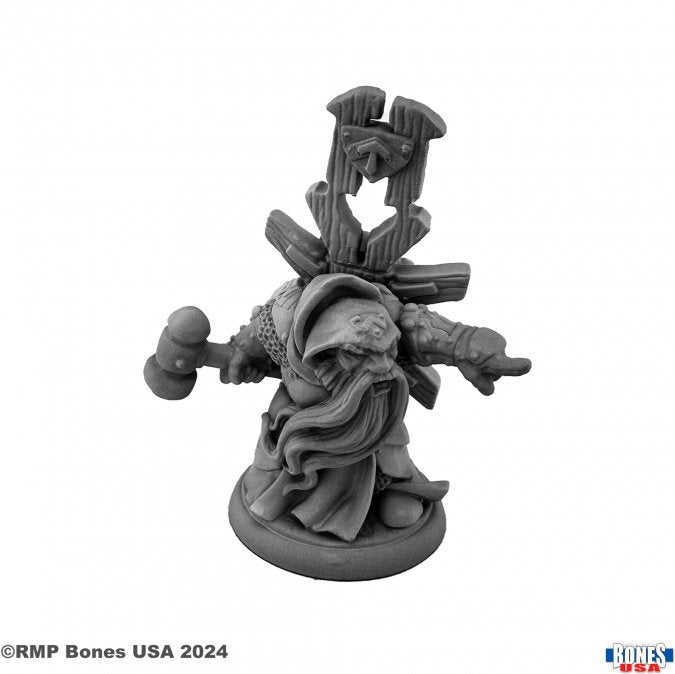 Ivar, Dwarf Cleric - Gray unpainted resin dwarf cleric figurine holding a hammer with a detailed beard and a symbol staff on his back.