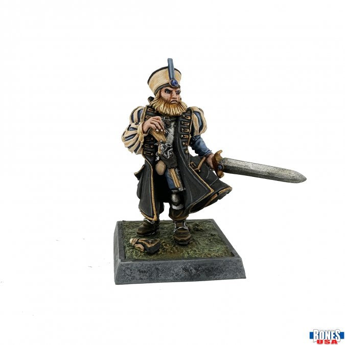 Imperial Captain (Unpainted) - Unpainted miniature of a bearded imperial captain holding a sword and wearing a detailed military coat and hat.