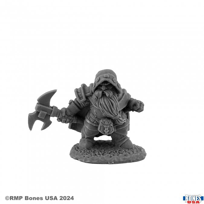 Durok, Dwarf Ranger - Gray resin miniature of a stout dwarf ranger holding a double-headed axe, wearing a hood and detailed armor with a long.