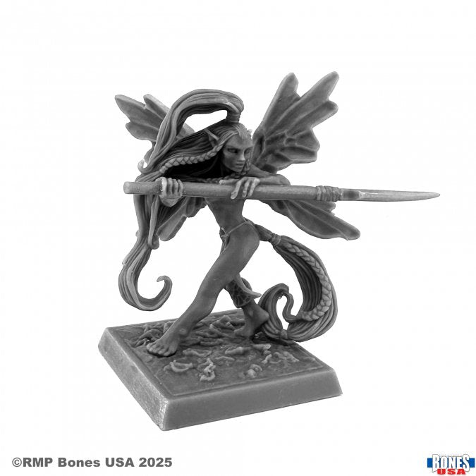 Fairy - Dark gray resin fairy figurine with detailed wings, long flowing hair, and spear poised for attack on square base.