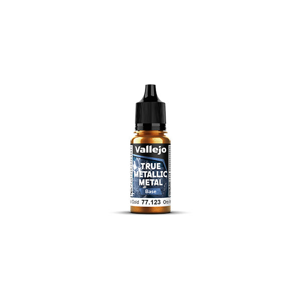 Vallejo True Metallic Metal Base: Imperial Gold (18ml) - Small transparent plastic bottle with black dropper cap filled with metallic gold paint labeled Vallejo True Metallic Metal.