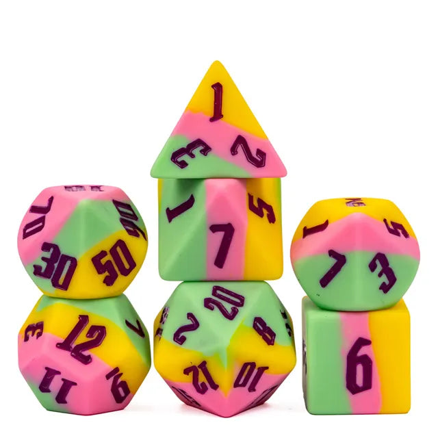 Bouncy Dice Set - C - Set of six colorful bouncy dice in yellow, pink, and green with black numbers.