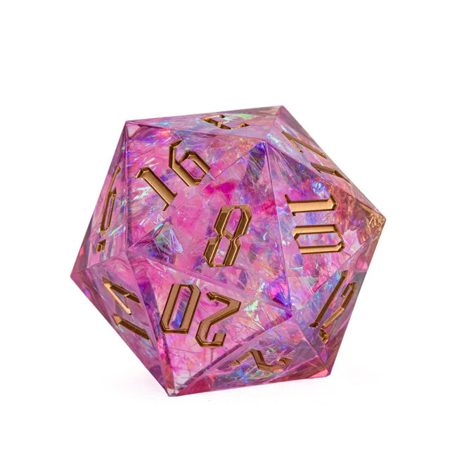 33mm Pink Shimmer D20 - 33mm translucent pink shimmer d20 die with gold numbering and colorful internal flakes.