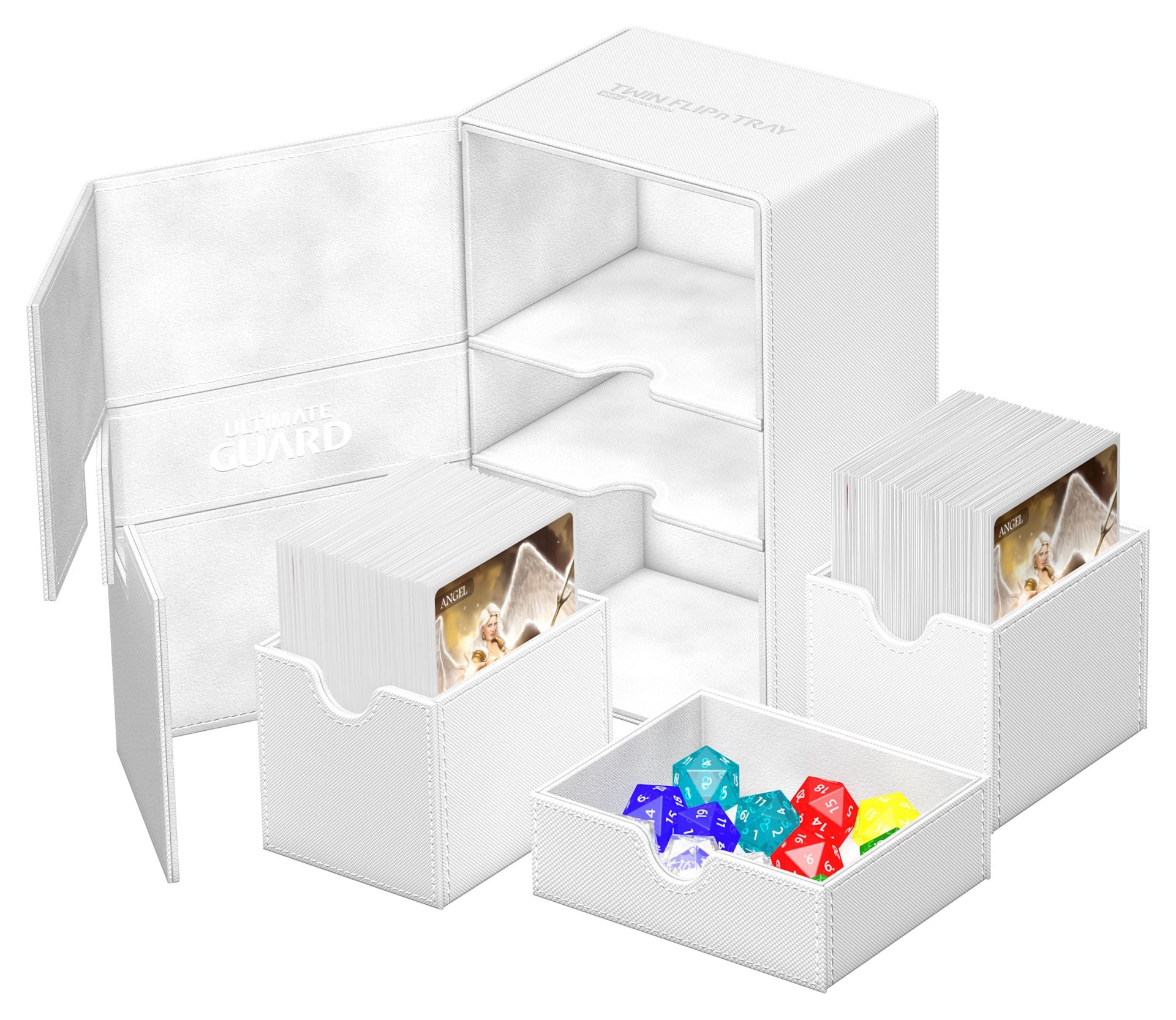 Ultimate Guard Twin Flip'n'Tray 160+ - White - White Ultimate Guard Twin Flip'n'Tray 160+ card storage box with compartments and colorful dice.
