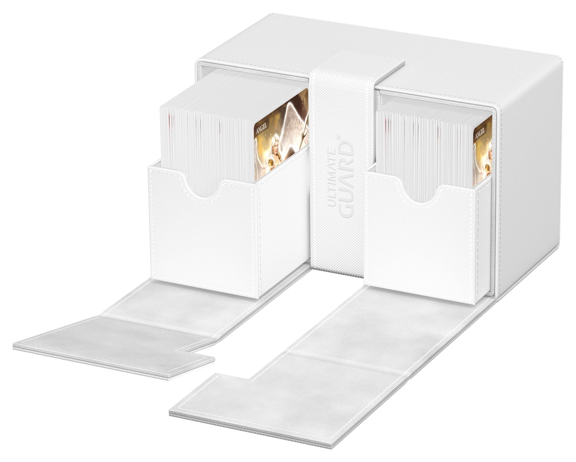 Ultimate Guard Twin Flip'n'Tray 160+ - White - White plastic card storage box with dual compartments, each holding sleeved cards, and two fold-out trays at the base.